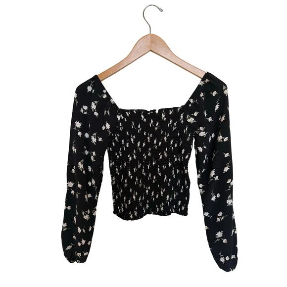 American Eagle Smocked Square Neck Blouse Top Women’s Size XS Black Floral Boho - Picture 6 of 9
